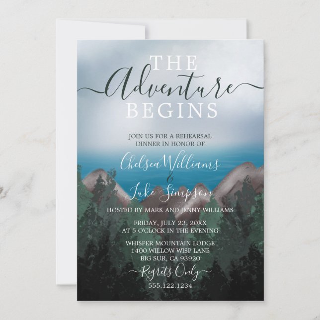 Invitación Mountain Meets Ocean Boda Ensayo Cena (Anverso)