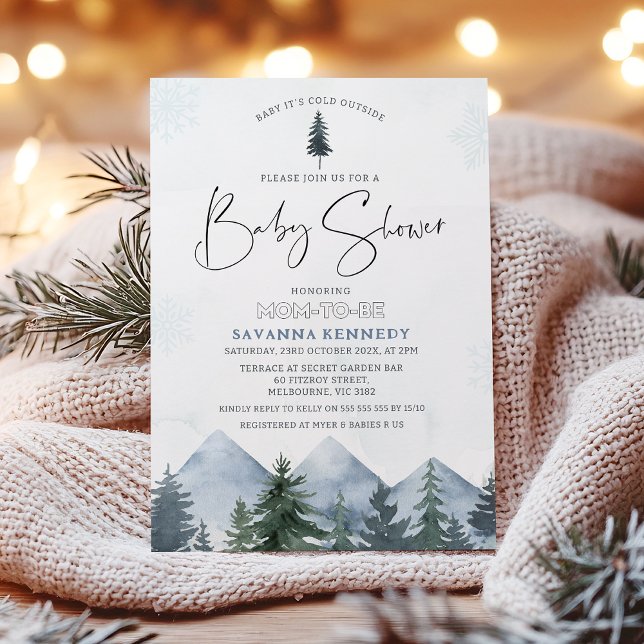 Invitación Mountain Pines Baby It's Cold Fuera de Baby Shower (Baby It's Cold Outside Baby Shower Invitation, Winter Themed Baby Shower Invite, Mountains Snow)