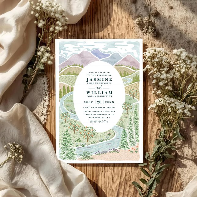 Invitación Mountain River Forest Trees Rustic QR Code Wedding (Subido por el creador)