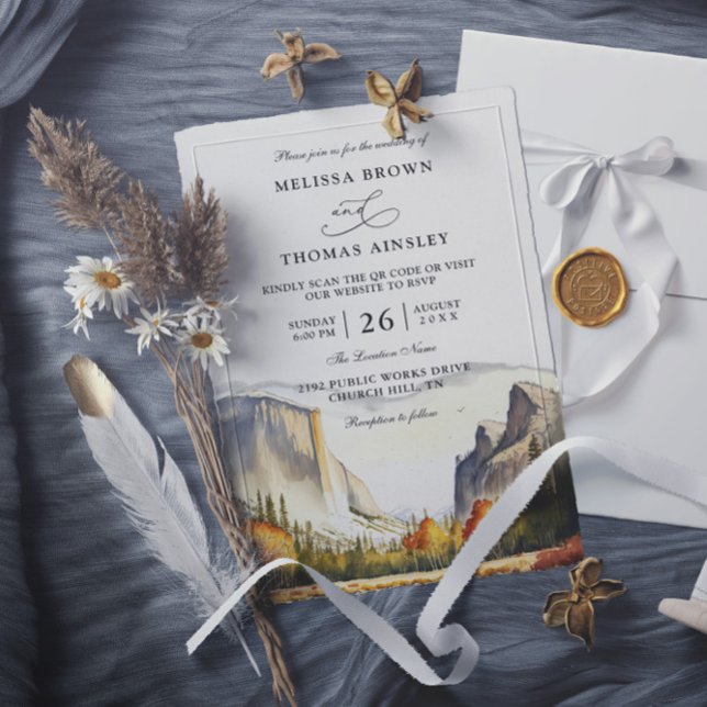 Invitación Mountain Rustic Forest Budget QR Code Wedding (Subido por el creador)