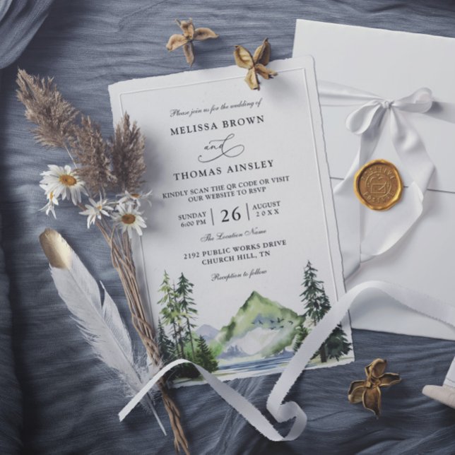 Invitación Mountain Rustic Forest Budget QR Code Wedding (Subido por el creador)
