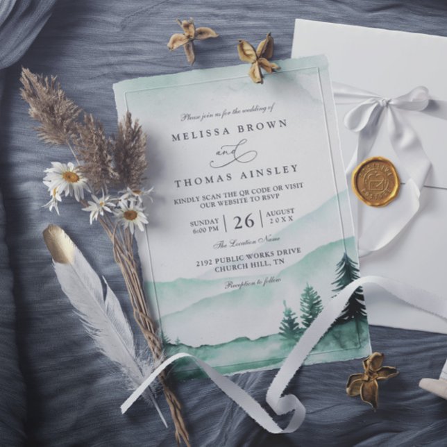 Invitación Mountain Rustic Greenery Elagant QR Code Wedding (Subido por el creador)