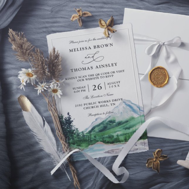Invitación Mountain Rustic Lake Modern Budget QR Code Wedding (Subido por el creador)
