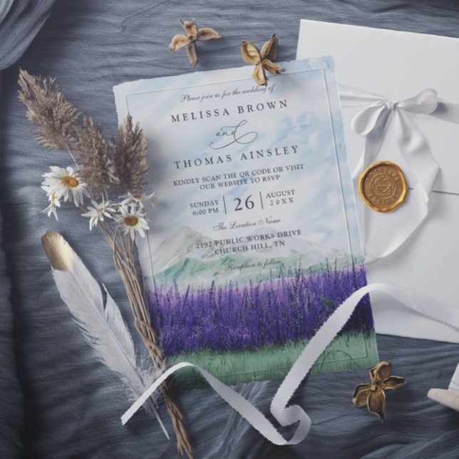 Invitación Mountain Rustic Lavender Meadow QR Code Wedding (Subido por el creador)