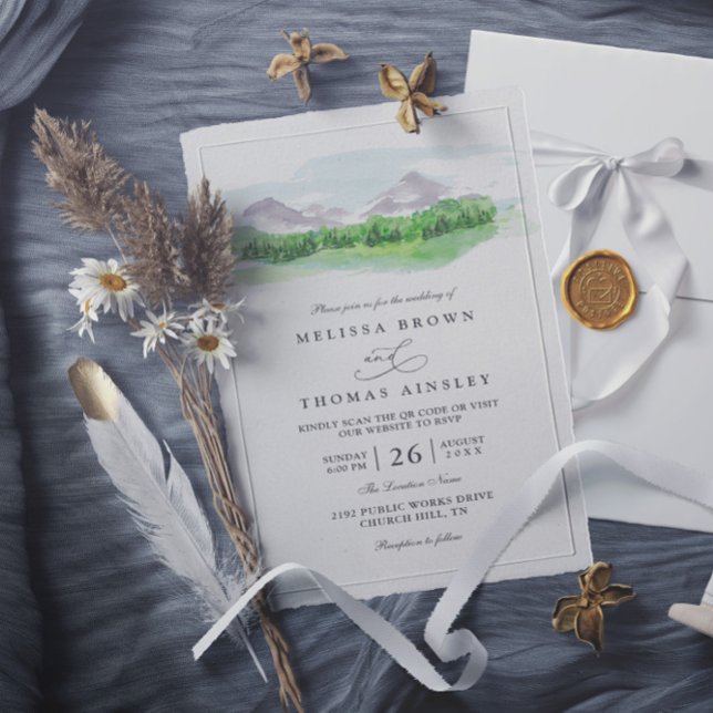 Invitación Mountain Trees Pine Forest Rustic QR Code Wedding (Subido por el creador)
