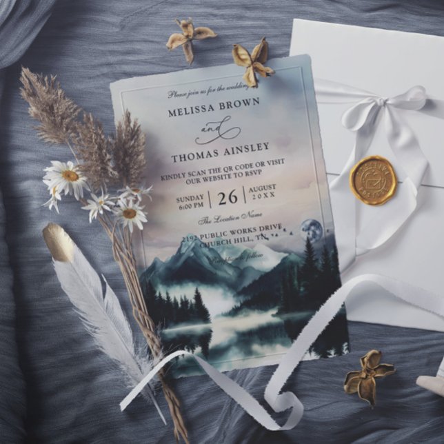 Invitación Mountain Trees Pine Rustic Budget QR Code Wedding (Subido por el creador)