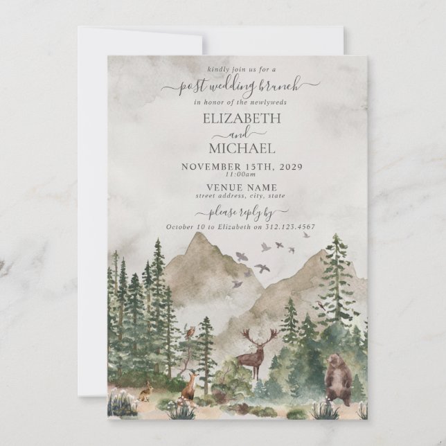 Invitación Mountain Woodland Animal Post Boda Brunch (Anverso)