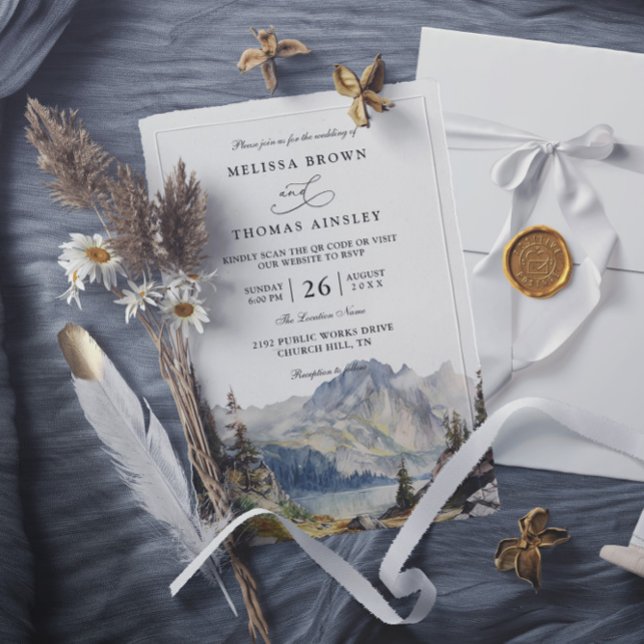 Invitación Mountains lake Rustic Elegant QR Code Wedding (Subido por el creador)