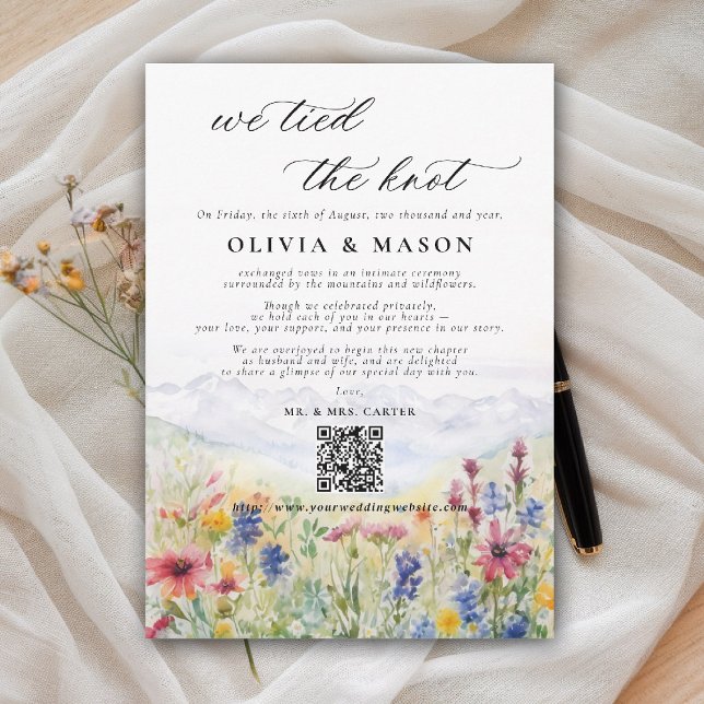 Invitación Mountains Wildflowers Meadow Wedding Announcement (we tied the knot wedding announcement mountains wildflowers meadow modern calligraphy watercolor)