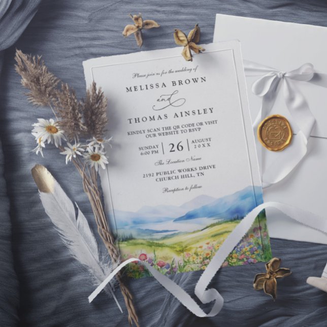 Invitación Mountains Wildflowers Rustic QR Code Wedding (Subido por el creador)