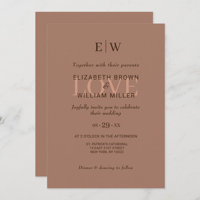 Invitación Mousse elegante mocha simple con Boda monograma (Anverso / Reverso)