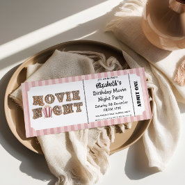 Invitación Movie Night Birthday Party Pink Ticket Style 