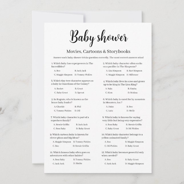 Invitación Movies Cartoons Storybooks Baby Shower Trivia Game (Anverso)
