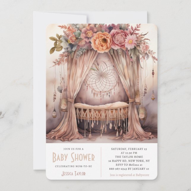 Invitación Móvil atrapasueños para cuna boho moderno para bab (Anverso)