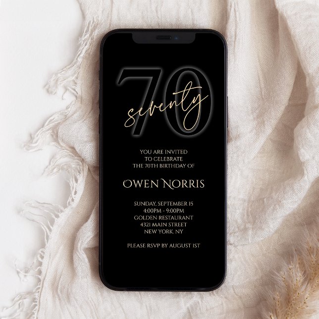 Invitación Móvil Cumpleaños 70 Moderno Oro Negro (Modern Black Gold 70th Birthday Mobile Invite)