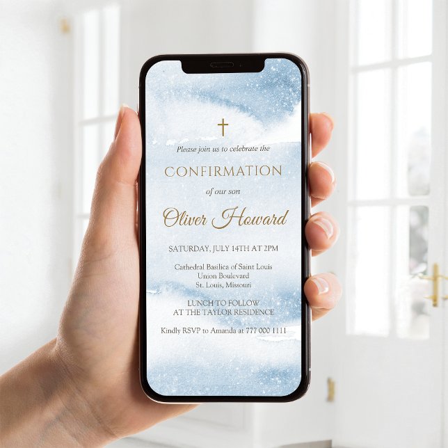Invitación móvil de confirmación de niño con acuar (Blue Watercolor Boy Confirmation Mobile Invite)