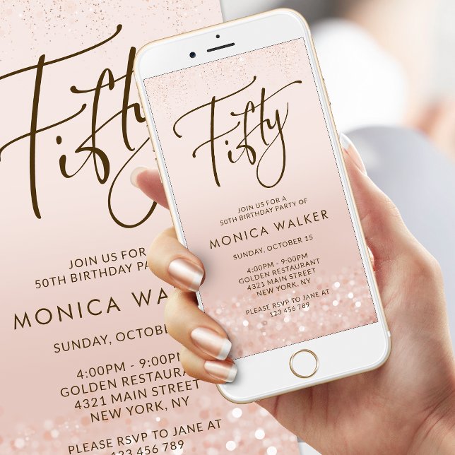 Invitación móvil de cumpleaños 50 con brillo de or (Rose Gold Glitter 50th Birthday Mobile Invite)