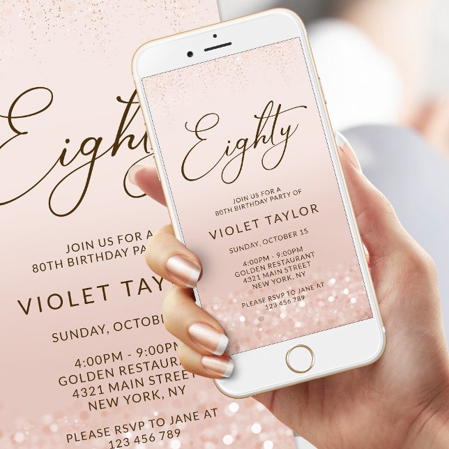 Invitación móvil de cumpleaños 80 en rosa dorado c (Rose Gold Glitter 80th Birthday Mobile Invite)