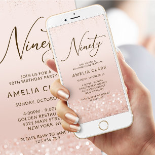Invitación móvil de cumpleaños 90 en Rose Gold Gli