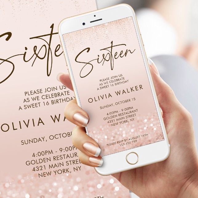 Invitación móvil de cumpleaños Sweet 16 con brillo (Rose Gold Glitter Sweet 16 Birthday Mobile Invite)