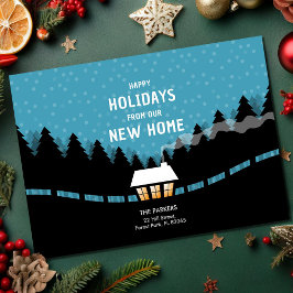 Invitación móvil de Navidad azul con pequeña cabañ