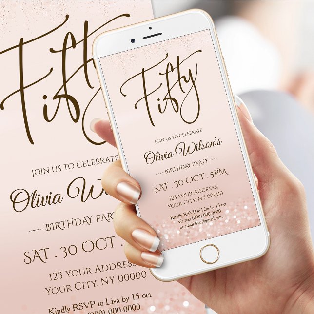 Invitación Móvil Electrónica de Cumpleaños 50 en R (Electronic Rose Gold 50th Birthday Mobile Invite)