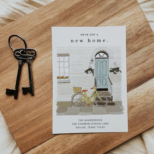 Invitación móvil ilustrada de puertas azules (Blue Front Door with Bicycle Illustrated Moving Announcement Cards)