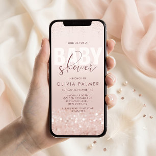 Invitación móvil para baby shower con brillo de or