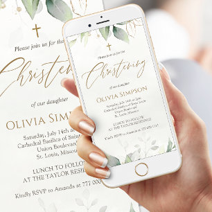 Invitación móvil para bautizo con acuarela de verd
