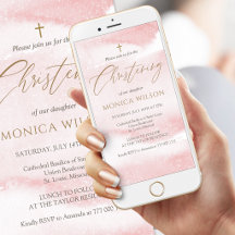 Invitación móvil para bautizo con acuarela rosa ru