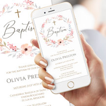 Invitación móvil para bautizo de niña floral rosa