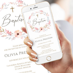Invitación móvil para bautizo de niña floral rosa 