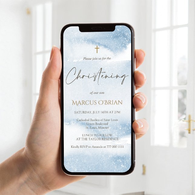 Invitación móvil para bautizo de niño con acuarela (Blue Watercolor Boy Christening Mobile Invite)