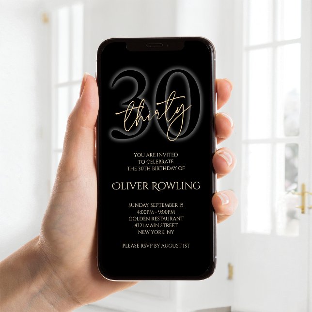 Invitación móvil para cumpleaños número 30 de Oro  (Modern Black Gold 30th Birthday Mobile Invite)