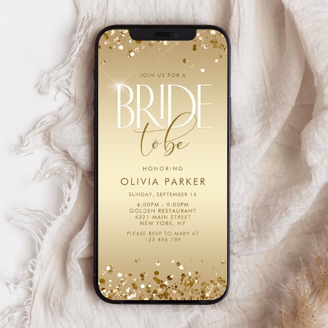 Invitación móvil para despedida de soltera con bri (Gold Glitter Bridal Shower Mobile Invite)
