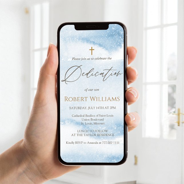 Invitación móvil para la dedicación de un bebé var (Blue Watercolor Baby Boy Dedication Mobile Invite)