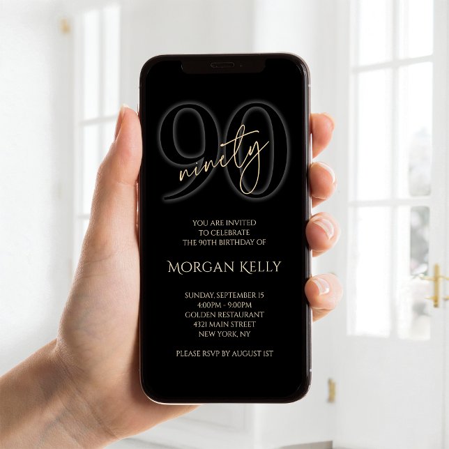 Invitación Móvil por el 90 Cumpleaños del Oro Negr (Modern Black Gold 90th Birthday Mobile Invite)