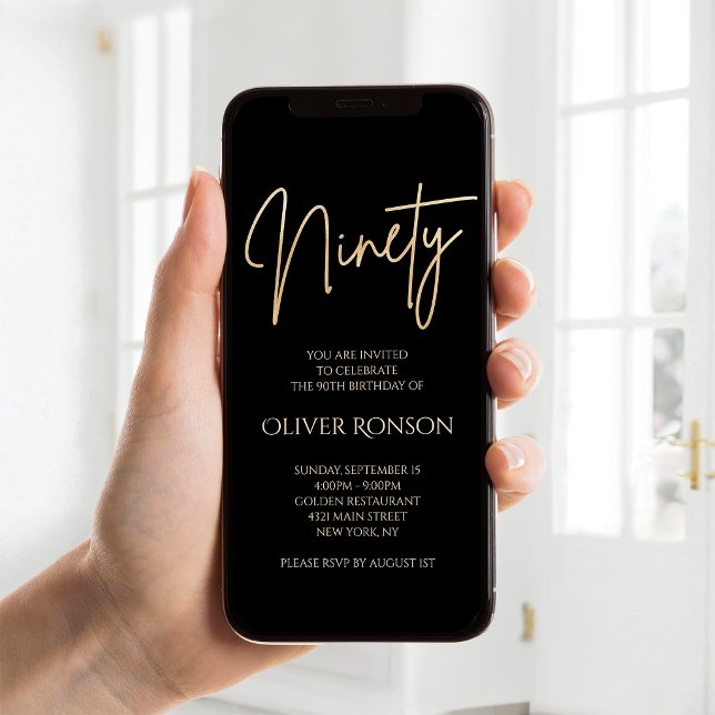 Invitación Móvil por los 90 Años de Digital Black  (Digital Black Gold 90th Birthday Mobile Invite)