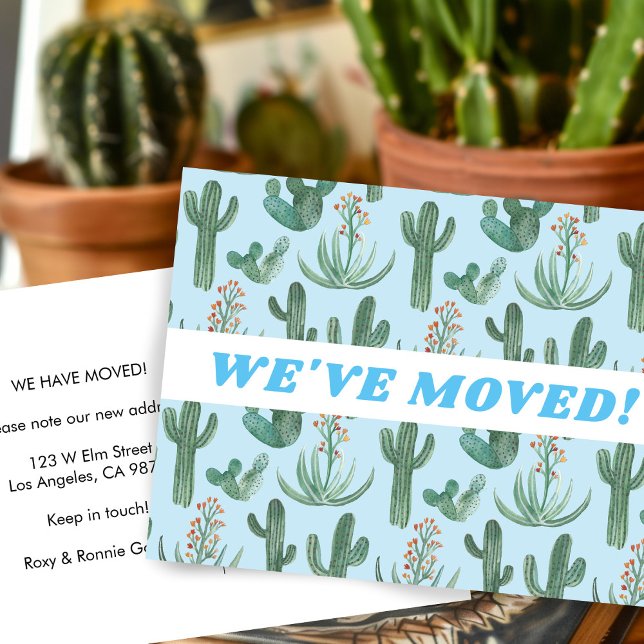 INVITACIÓN MOVIMIENTO Cactus Desierto Acuarela Azu (MOVING ANNOUNCEMENT Desert Cactus Watercolor Blue Custom New Address We've Moved Postcard
)