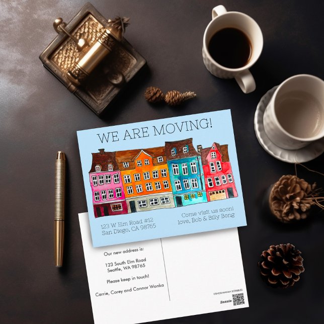 INVITACIÓN MOVIMIENTO Coloridas Casas Acuarela (Colorful Watercolor painting of houses on custom moving announcement postcard. Add your own text!)