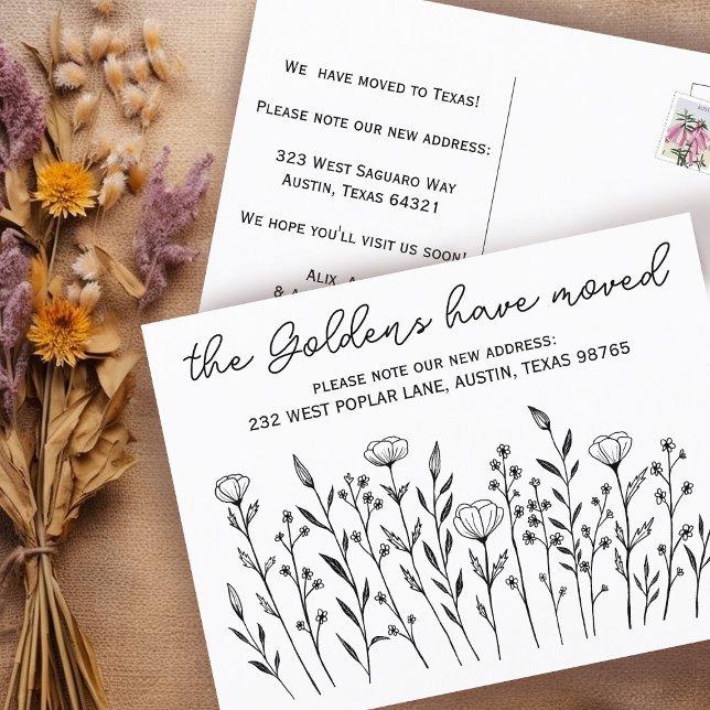 INVITACIÓN MOVIMIENTO Flores silvestres Personaliz (MOVING ANNOUNCEMENT Wildflowers Simple Custom Postcard
Address Change New Home Line Art )