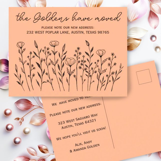 INVITACIÓN MOVIMIENTO Flores silvestres Personaliz (Custom address change new home postcard with simple elegant wildflower design in peach fuzz)