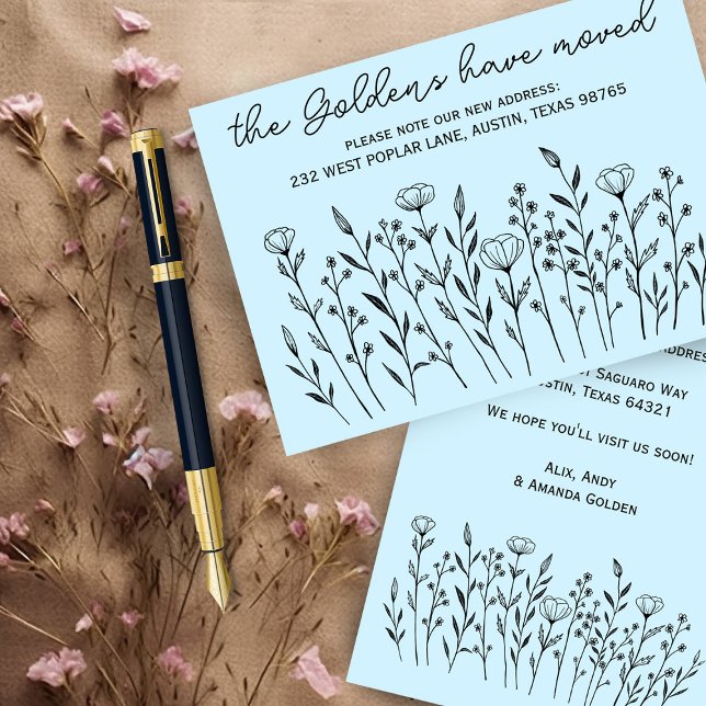 INVITACIÓN MOVIMIENTO Flores silvestres Tarjeta Pe (MOVING ANNOUNCEMENT Wildflowers Simple Custom Change of Address
Card)