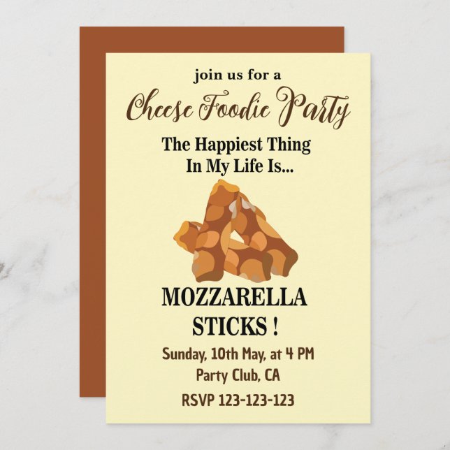 Invitación Mozzarella Sticks Queso Foodie Fiesta (Anverso / Reverso)