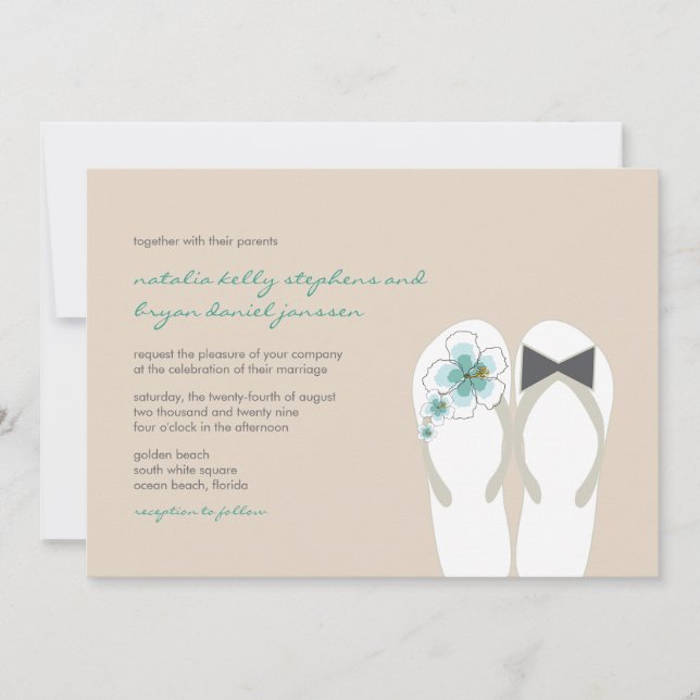 Invitación Mr & Mrs Blue Hibiscus Flip Flops Beach Wedding (Anverso)