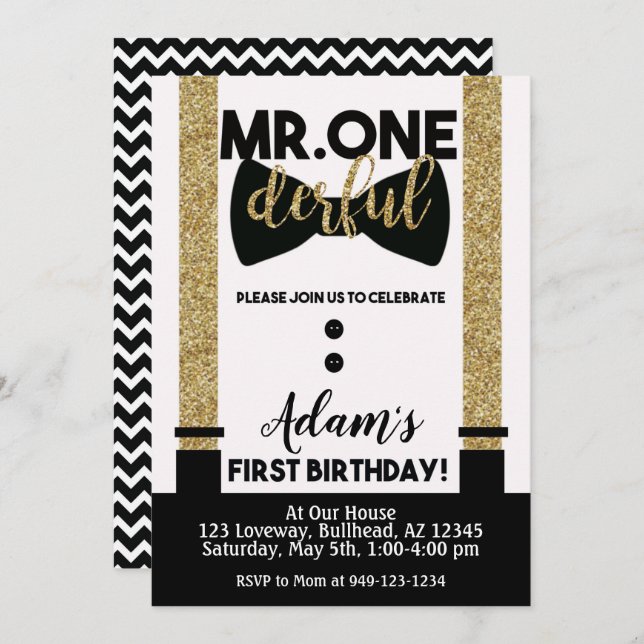 Invitación Mr. One-Derful Bow ata Black and Gold Tuxedo (Anverso / Reverso)