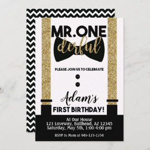 Invitación Mr. One-Derful Bow ata Black and Gold Tuxedo