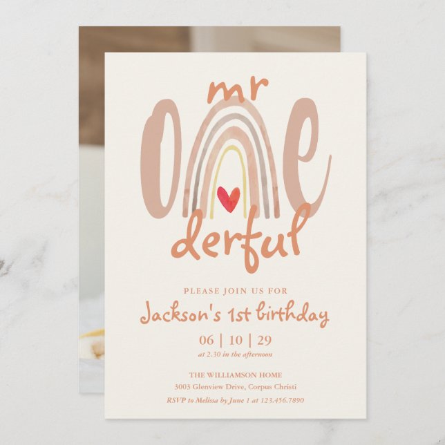 Invitación Mr Onederful Boho Rainbow Heart Photo 1st Birthday (Anverso / Reverso)
