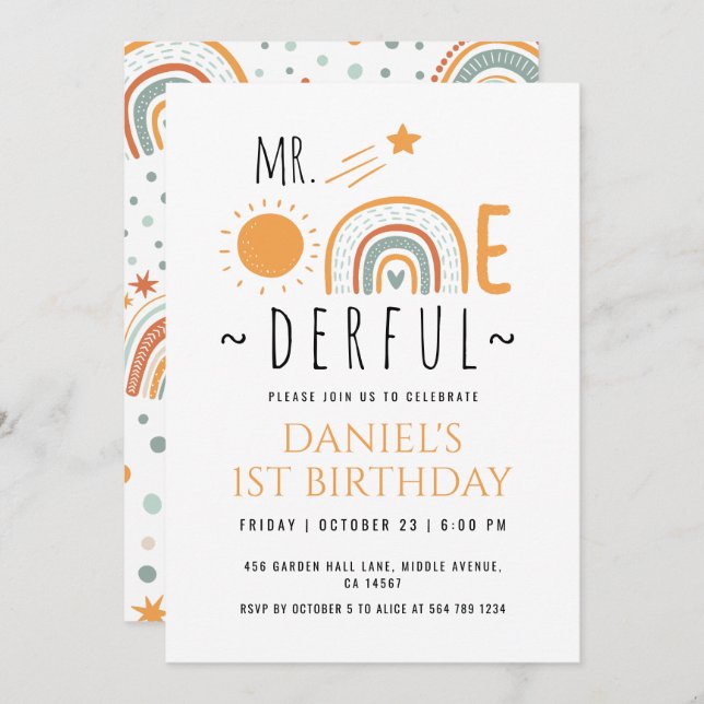 Invitación MR Onemaravilloso Boho Arcoiris Primer cumpleaños (Anverso / Reverso)