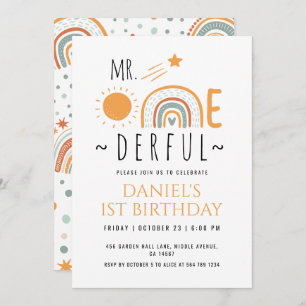 Invitación MR Onemaravilloso Boho Arcoiris Primer cumpleaños